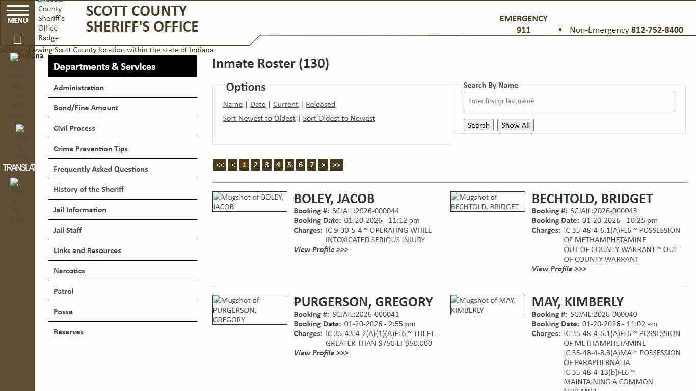 Inmate Roster - Current Inmates Booking Date Descending - Scott County Sheriff - Scottsburg, IN